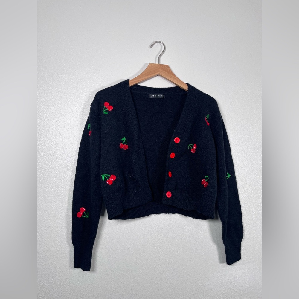 SHEIN black Cardigan with Cherry Embroidery size small
